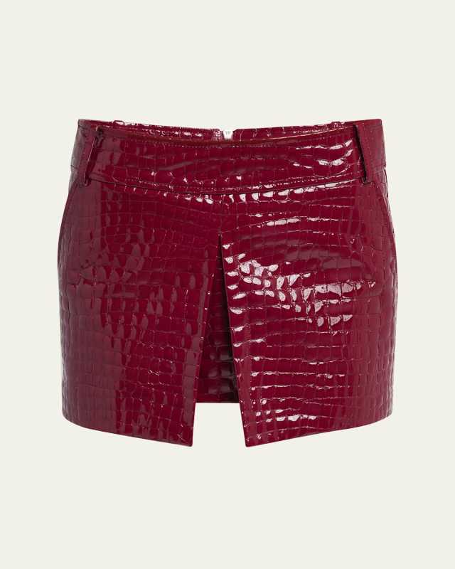 Croc-Embossed Glossy Leather Mini Skirt